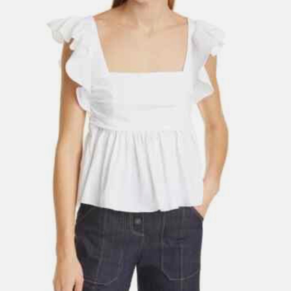 cinq a sept White Ruffle Shoulder Audrie Cotton Pleated Babydoll Top Small NWOT